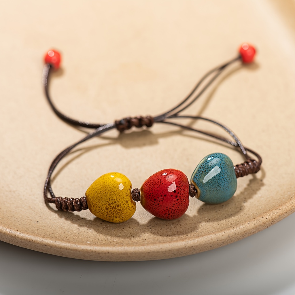 Bohemian Ceramic Heart Bracelet Handcrafted Woven Adjustable Band Ethnic Style